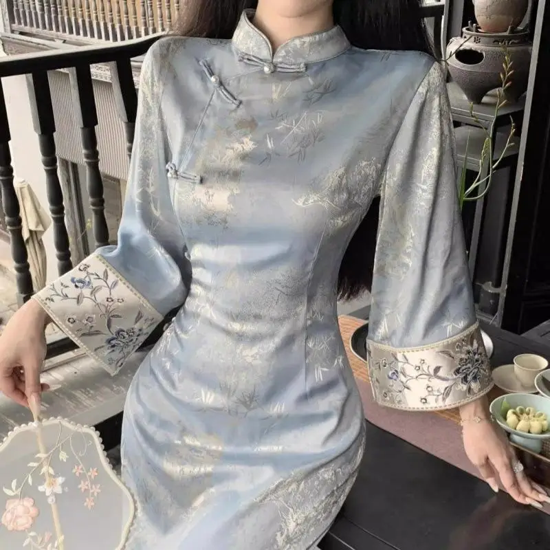 Printed Slimming Wide-sleeved Modified Gentle Cheongsam Autumn Retro Bamboo Leaf Traditional Chinese Style Stand-up Collar Dress