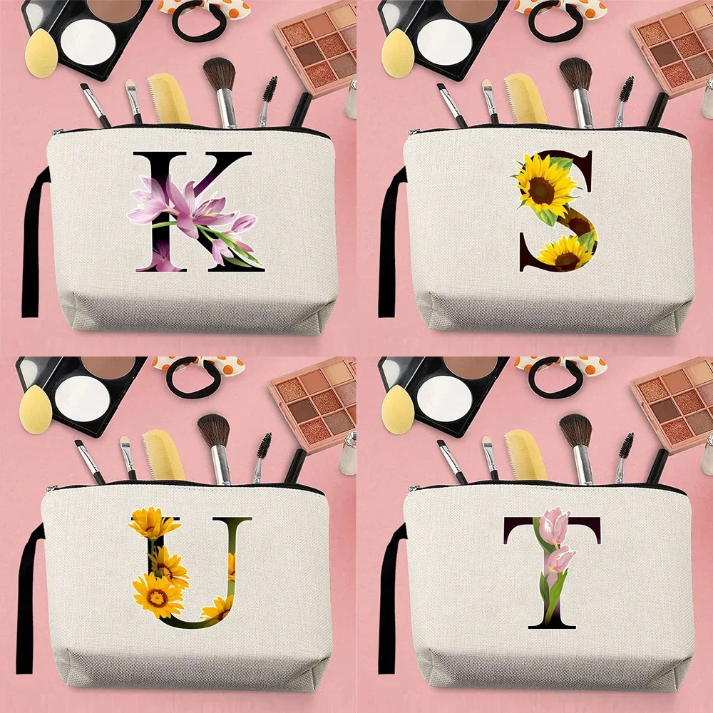 Fashion Woman Makeup Organizer Bag Canvas Flower Initial Name Pattern Printed with Cord Zipper Beige Coin Purse Pencil Case