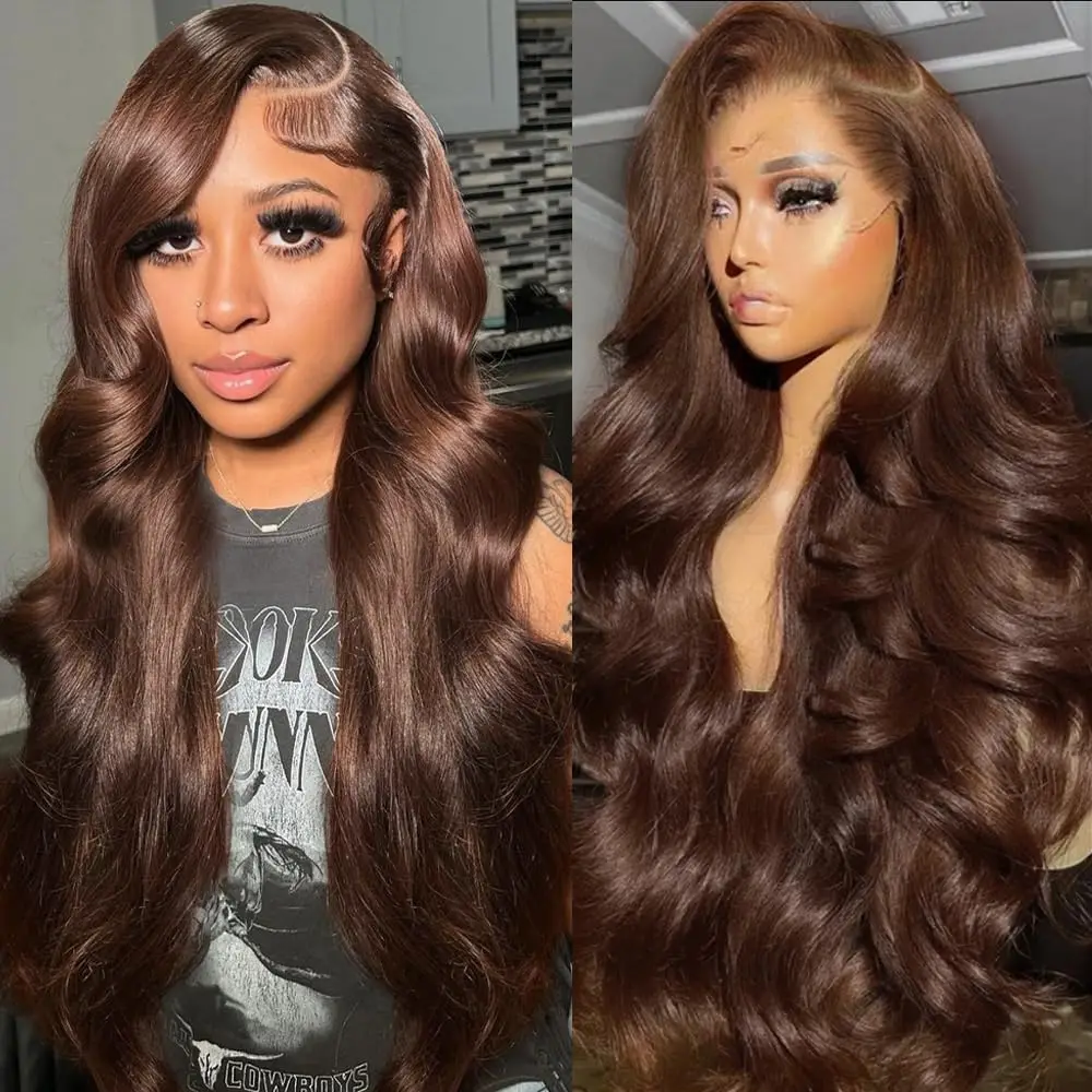 

Парик из натуральных волос Remy, 200% плотность, 40 дюймов, HD, шоколадно-коричневый, с волнистыми прядями, на кружевной основе 13x6, для женщин