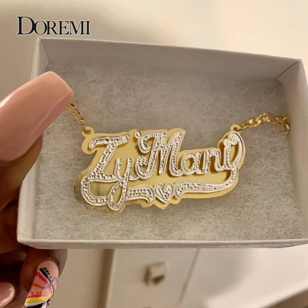 DOREMI 3D hip-hop Style Custom Name Necklace Figaro Layered Double color Personalized Nameplate Necklace Jewelry For Women Gift
