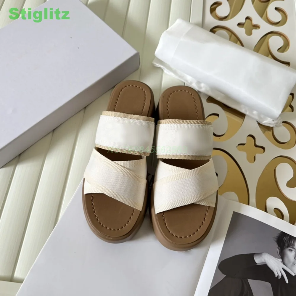 Cross Straps Platform Slippers Summer Concise Women Flats Round Toe Mixed Color 2024 Trendy Beach Vacation Shoes Rome