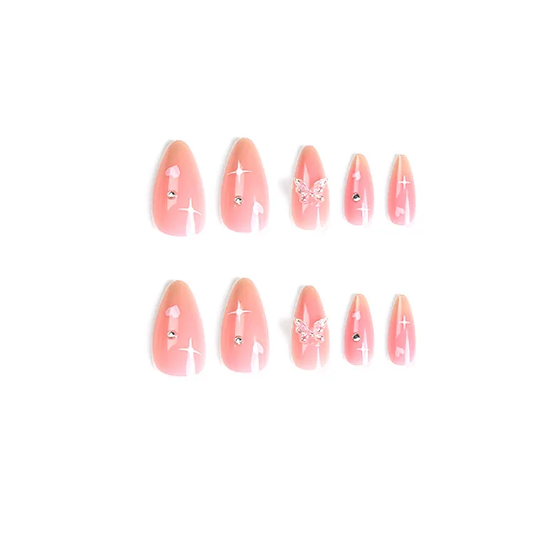 24 Pcs Pink Fake Nails with Glue 3d Butterfly Cheap Press on Nails for Beautiful Gluing Almond False Nails Prosthetic Nail Set