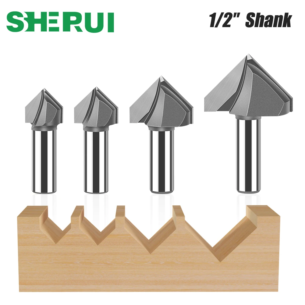 1pc 12mm 1/2in Shank 90 Degrees V-type Slotting Cutter Woodworking Milling Cutter Carbide CNC Engraving Router Bit Grooving Tool