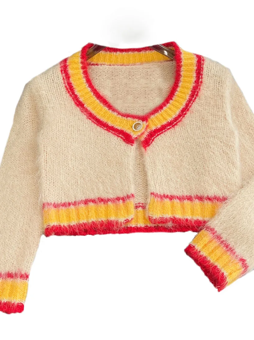 

Cardigan jacket round neck short loose fit color collision design warm and comfortable 2023 winter new 1110