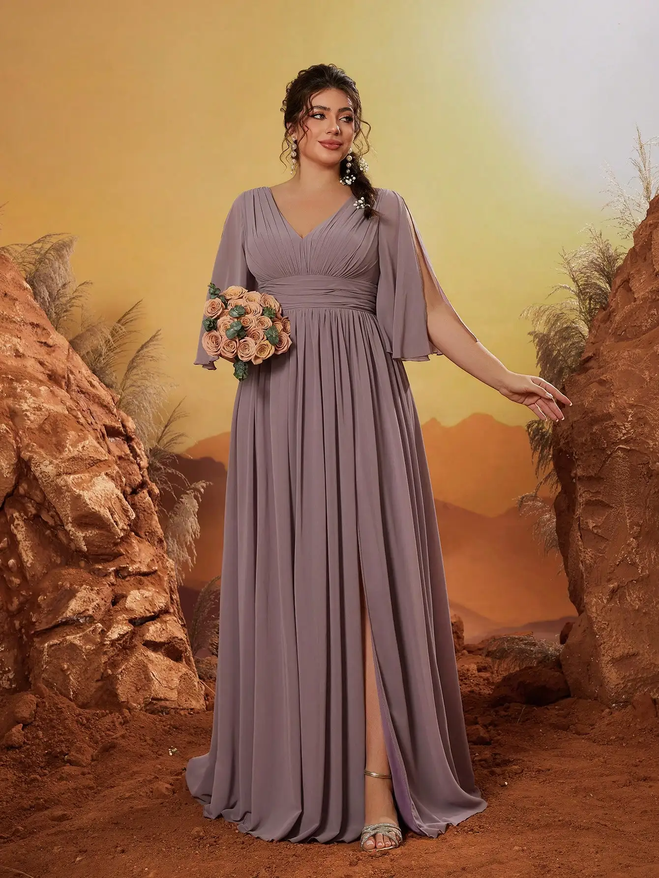 فستان وصيفة العروس من Mgiacy برقبة على شكل حرف V، مطلي يدويًا، متوسط الأكمام، بدون ظهر، برباط، شق، أنيق وكريمة