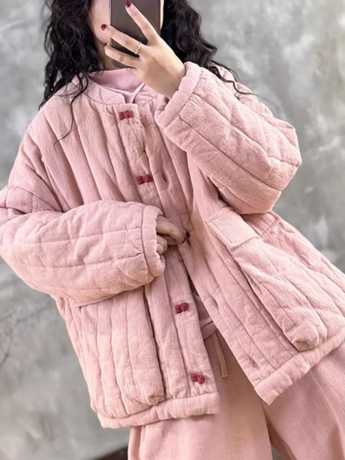 Authentic Retro Style Women's Cotton Linen Jacket Winter Warm Thickened Long Sleeve Coat Chinese New Style Outerwear