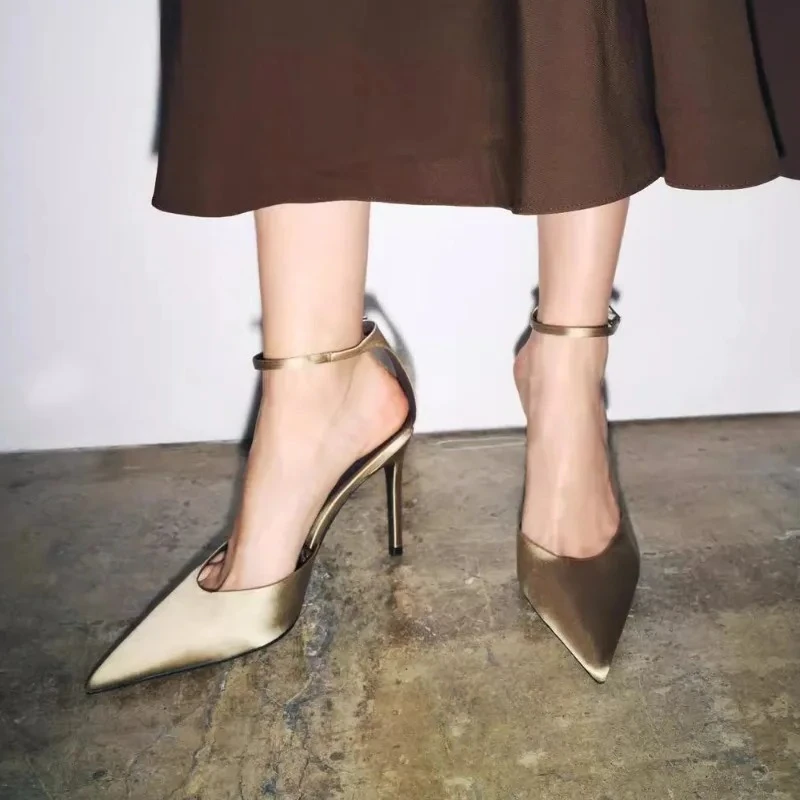Элегантные атласные туфли на высоком каблуке для женщин, модные дизайнерские офисные туфли с ремешком на щиколотке, сексуальные роскошные босоножки на каблуке с острым носком, Zapatos Mujer