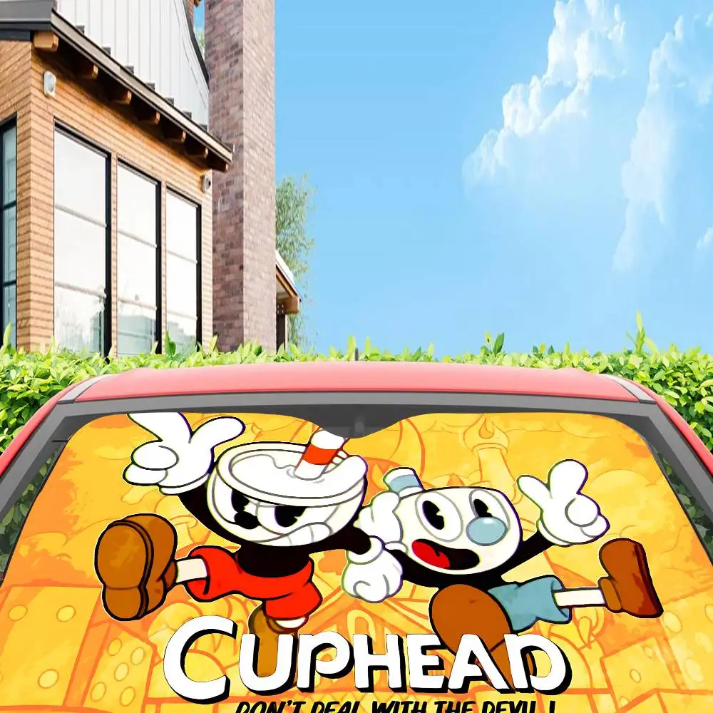 Funny C-Cuphead Cartoon Novelty Car Front Windshield Sunshade 70x130cm Cartoon Foils Car Window Windscreen Cover view 4