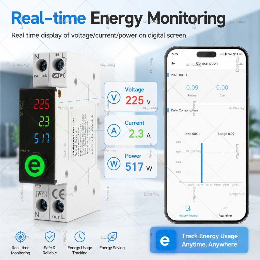 EWeLink WiFi Smart Circuit Breaker MCB 1P+N 63A Timer Relay Switch Energy Metering KWh Voltage Current Protector Remote Control