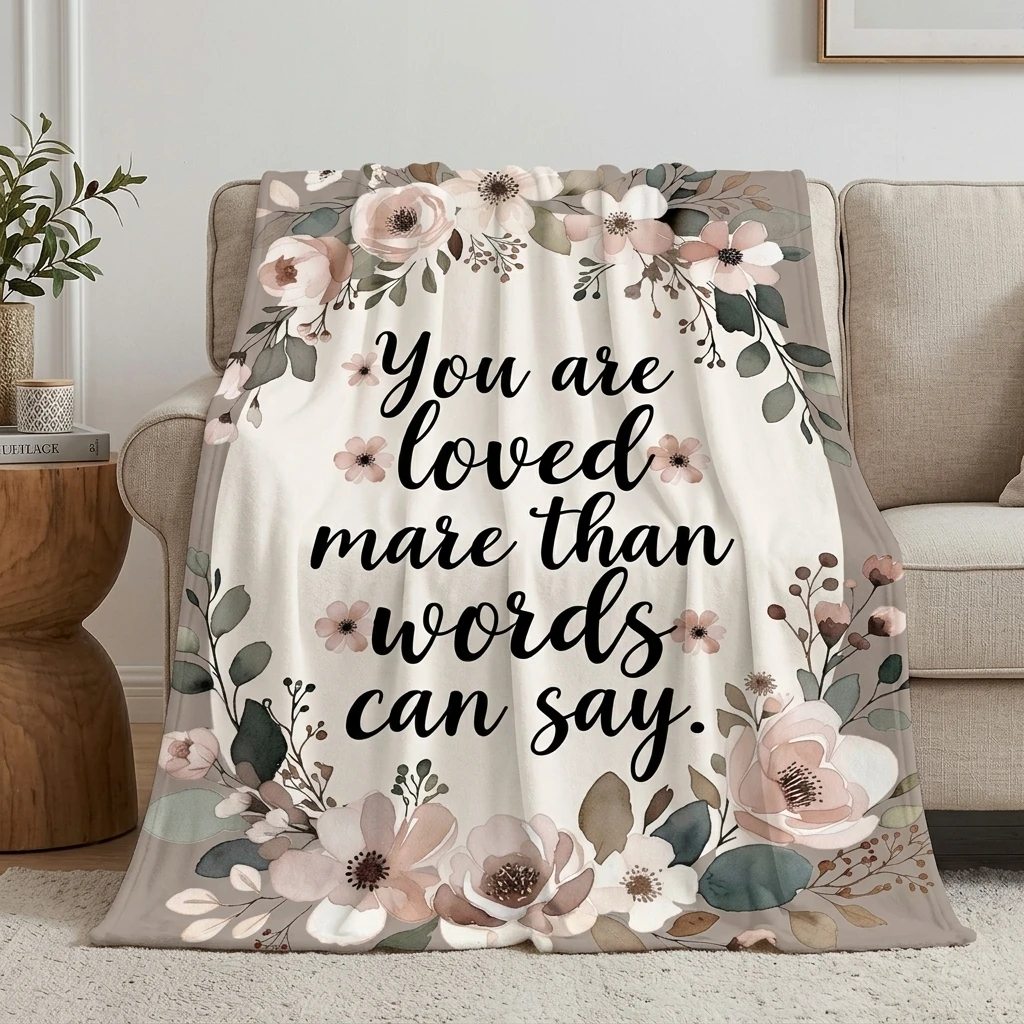 

Dusty Pink & Sage Floral Wreath Flannel Throw Blanket, "You Are Loved More Than Words Can Say" Romantic Love Blanket
