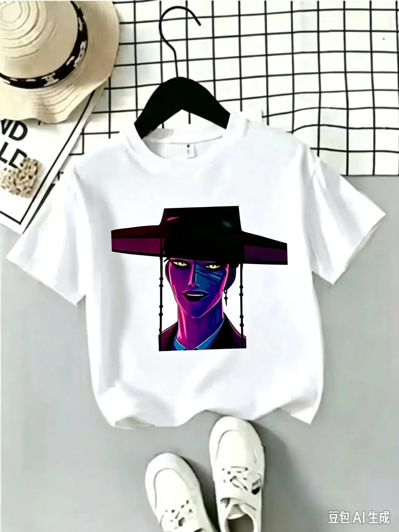 Gothic cartoon print T-shirt, unisex, loose-fitting round-neck short-sleeve streetwear T-shirt.