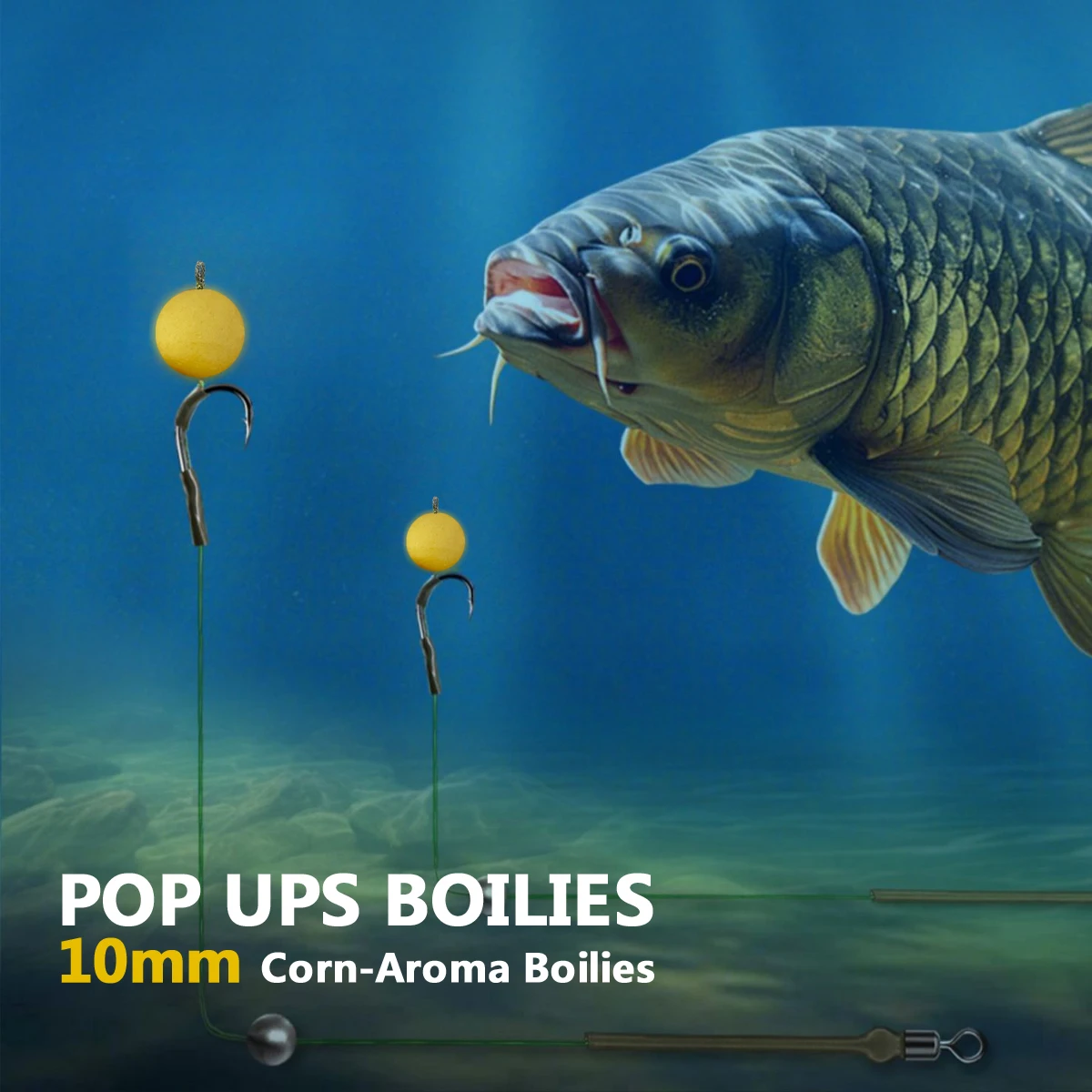 80 Stück 10 mm gelbe Pop-Up-Karpfenköderbälle mit süßem Maisgeschmack | Ideal zum Frühlings-/Sommerangeln | Perfekt für große Karpfen und Wels – Detail 6
