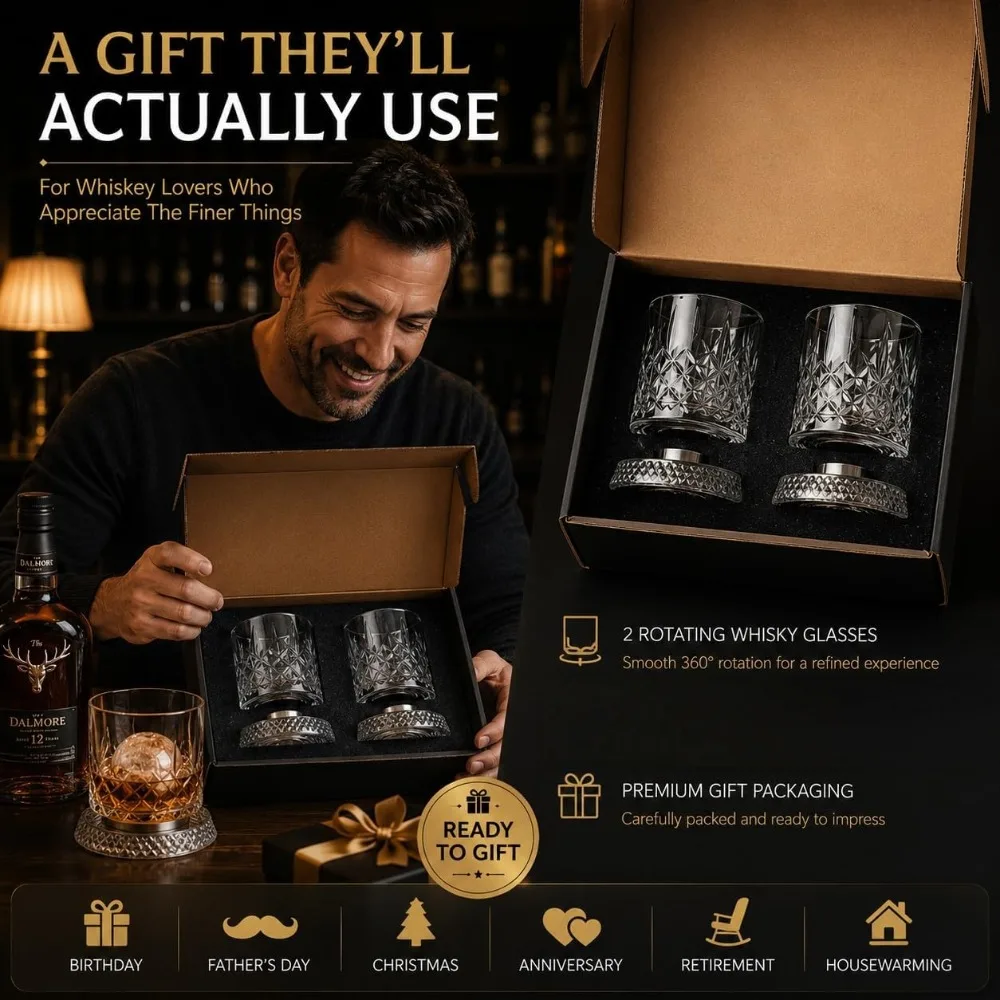 Whiskey-Weinglas-Set mit 2 Stück und Glasfuß, 360-Grad-Drehung, Kristall-Rumglas für Cocktailpartys, als Geschenk geeignet. – Detail 5