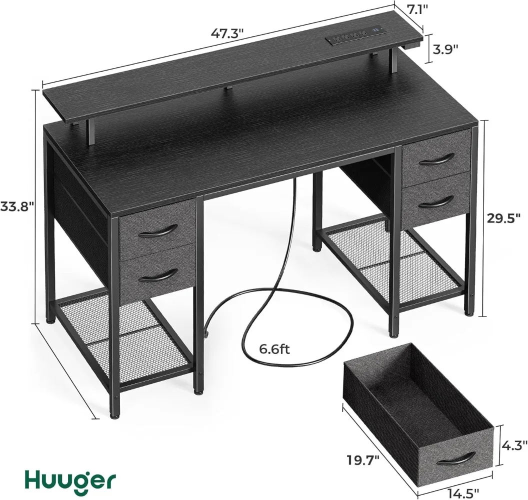 47 inch Computer Desk with 4 Drawers, Gaming Desk with LED Lights & Power Outlets, Home Office Desk with Large Storage Space