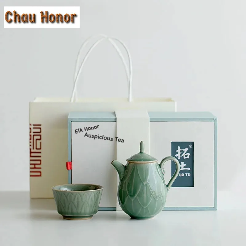 

Boutique Yue Kiln Celadon Teapot Camping Tea Cup Set Creative Relief Lotus Seat Ceramic Tea Maker Kettle 1 Pot 1 Cup Gift Box