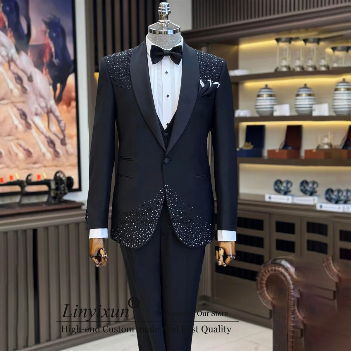 

Elegance Beads Men Suits 3 Pieces Male Prom Party Blazer Vest Pants Widde Lapel Slim Fit Wedding Groom Tuxedos Ropa Hombre