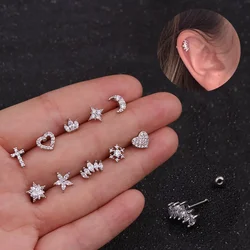 SISSI Silver Color CZ Cartilage Stud Earring Stainless Steel Heart Moon Small Conch Tragus Stud Helix Cartilage Piercing Jewelry