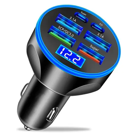 UYUXIO Multi Port USB C Car Charger อะแดปเตอร์จอแสดงผลแรงดันไฟฟ้า PD 30W Super Fast CHARGING 6 in 1 สําหรับ MacBook iPhone Samsung