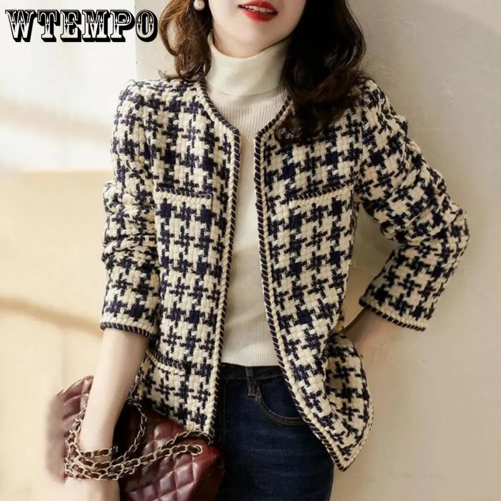 WTEMPO Vintage Early Autumn Tweed Women Jacket Elegant Grid Lady Winter Cardigan Open Front Plaid Outwear