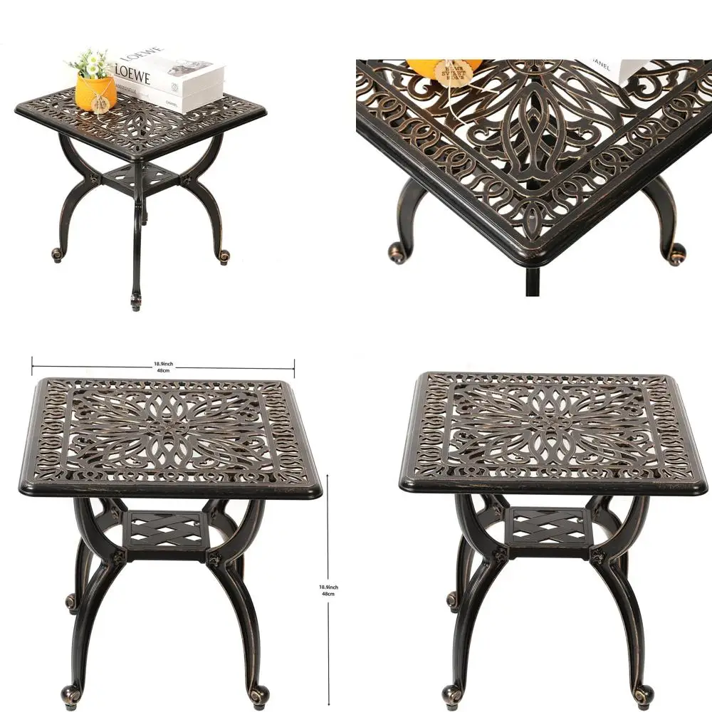 

Elegant Outdoor Square End Table with Copper Finish and Ornate Floral Design
