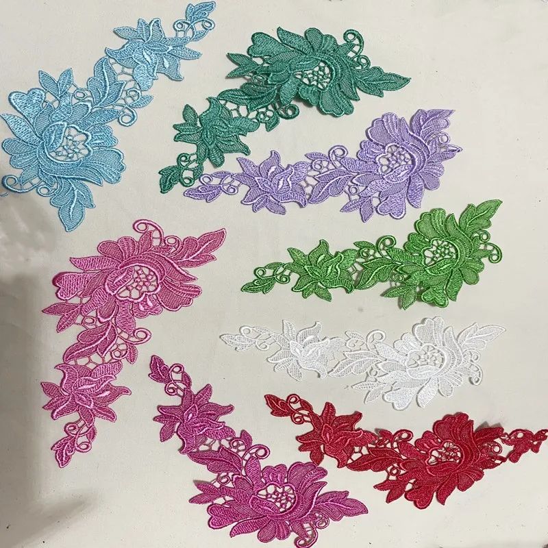 2Pcs 17*7cm Purple Green Blue Red Fluorescent Sewing Flower Motif Venise Lace Applique for Garment Embroidery Lace Patches