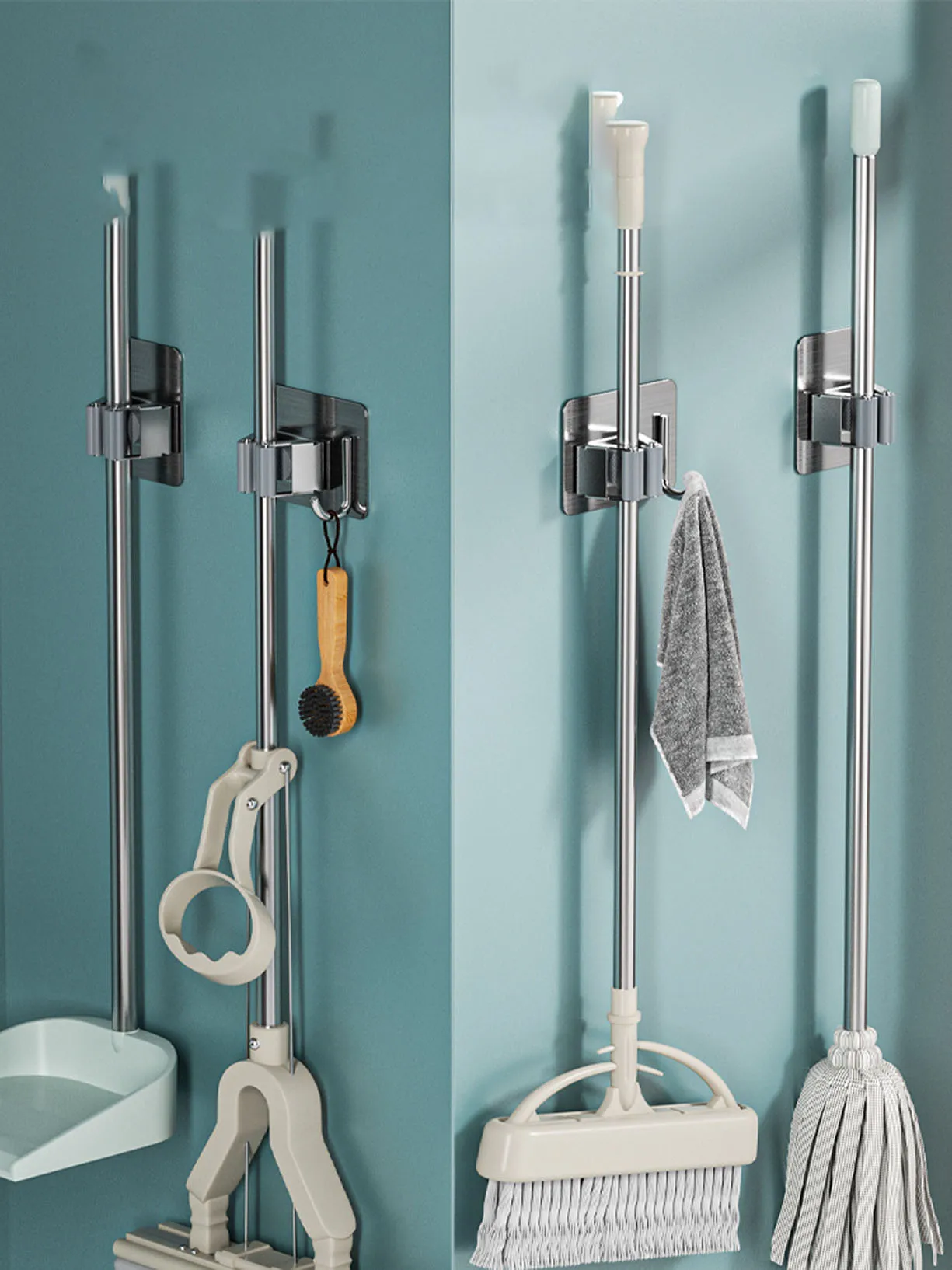 1Pcs Stainless Steel Household Storage Rack Bathroom Nail-free Hook Wall-mounted Mop Storage Rack Waterproof Broom Rack