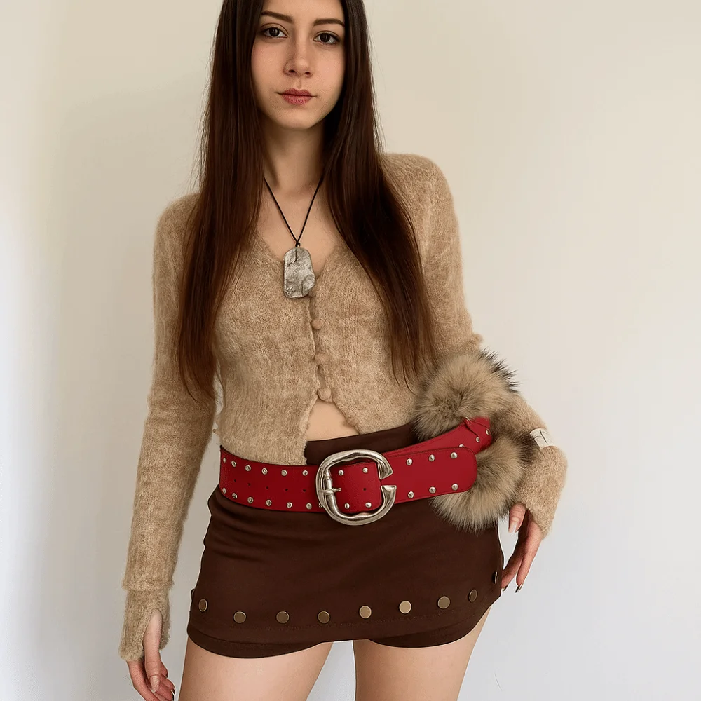 

Simple Rivet Leather Fur Belt Western Style Punk Y2K Waistband Retro Jeans Decor Belt Women