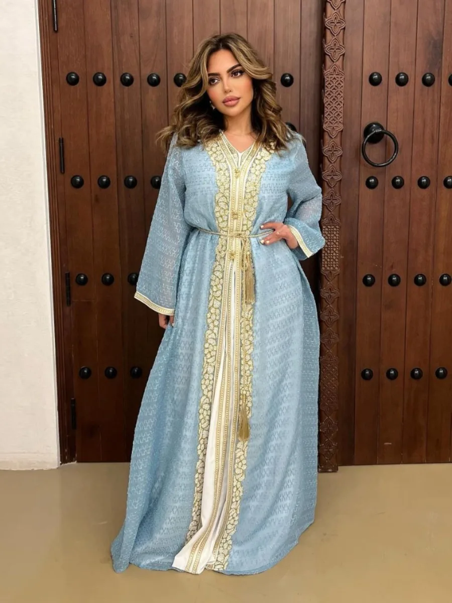 Eid Muslim Abaya Dress 2 Piece Suits Islamic Lace Up Robe Dubai Saudi Arab Morocco Dresses Jalabiya Two Piece Set Vestidos Party