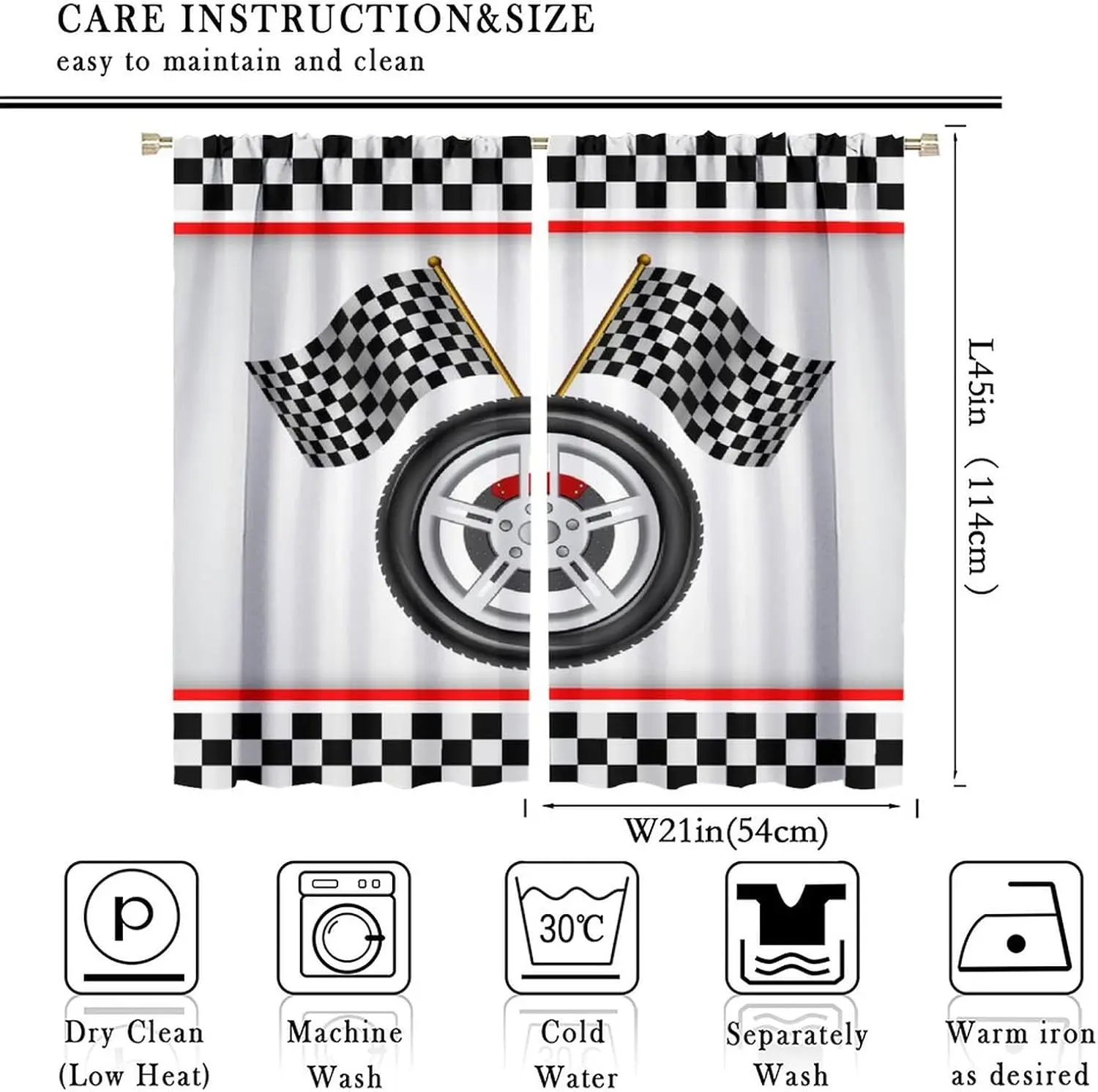 Racing Car Kids Curtains Racing Car Flag Game Theme Racecar Wheel Checkered Flag Pattern Printed Curtains for Kids Bedroom