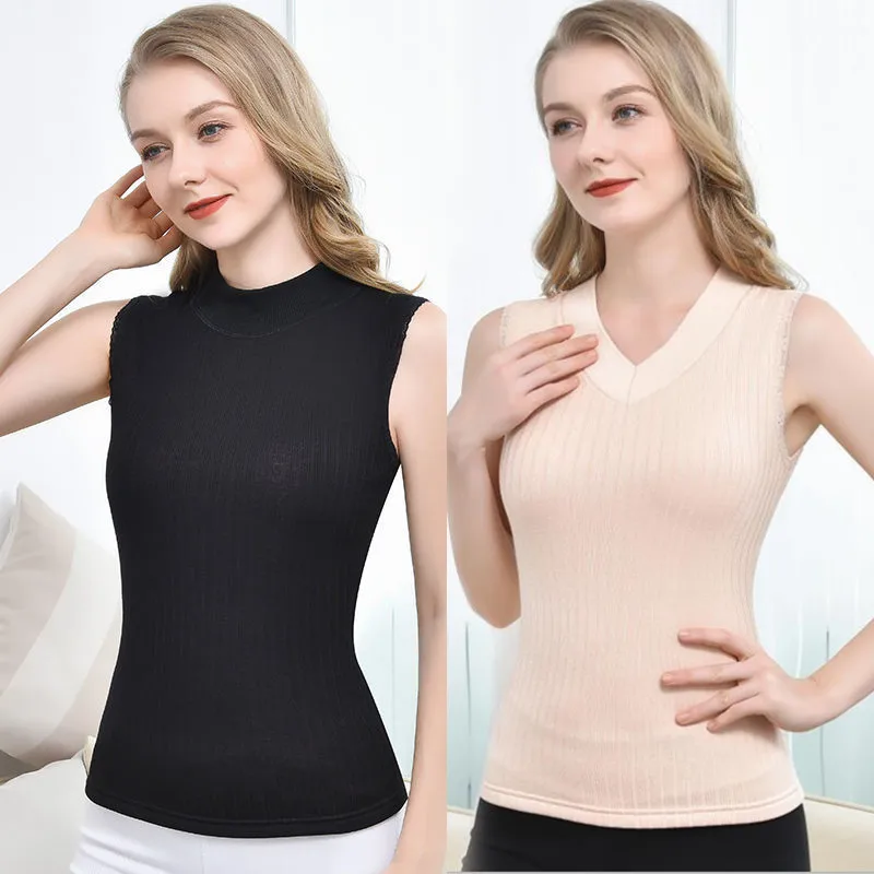 

Thermal Shirt Women Sleeveless Elastic Winter Thermal Underwear Warm Thick V & High collar Shapewear Slim Soft thermo Basic Vest