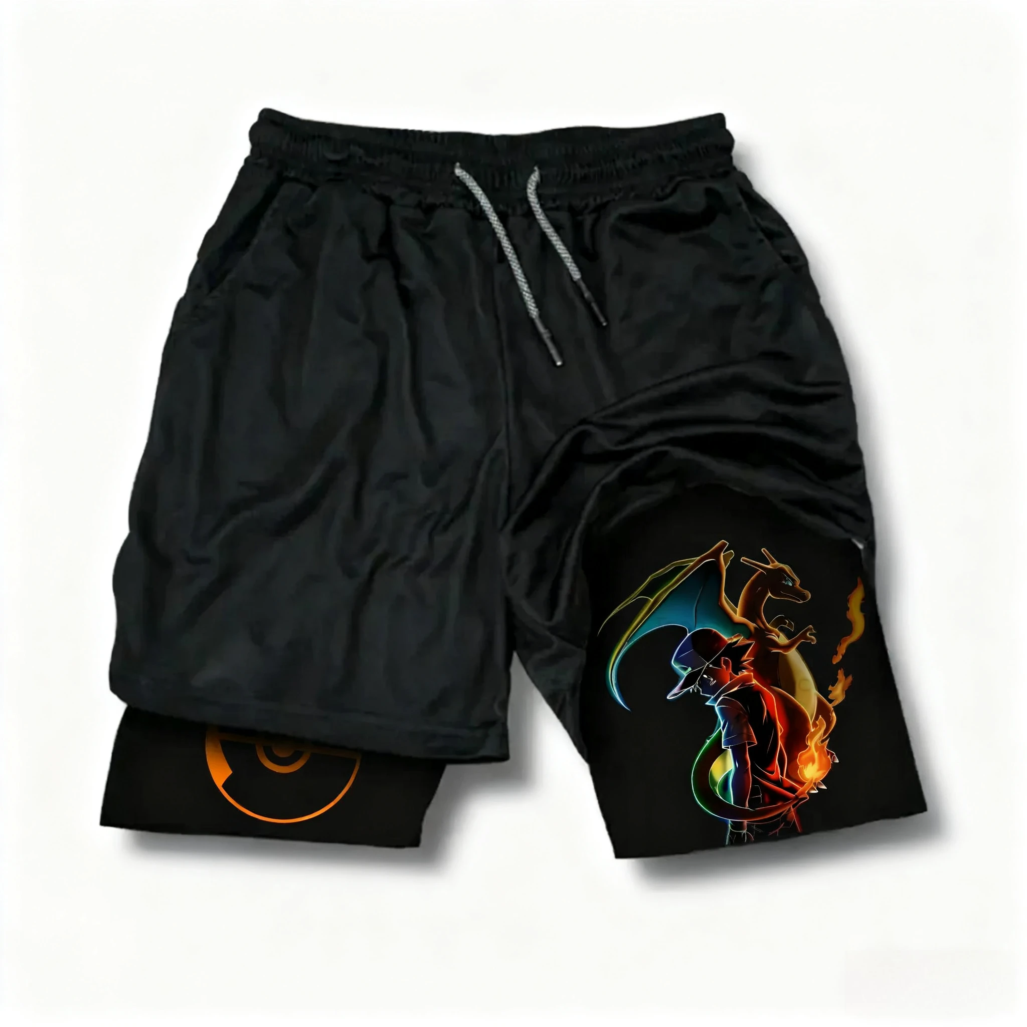 بوكيمون أنيمي 2 في 1 السراويل الرياضية 2026 صيف جديد عصري متعدد الوظائف تنفس التجفيف السريع طبقة مزدوجة السراويل