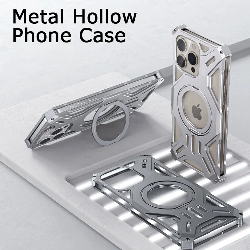 Metal Hollow Heat Dissipation Phone Case For Iphone 13 14 15 16 Pro Max Plus Magnetic Aluminum Stand Cover For IPHON 16 Promax