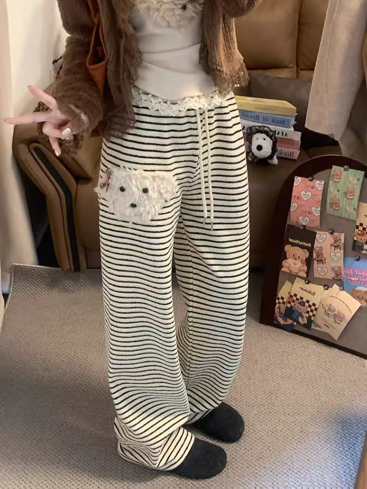 لطيف شعر جرو بنطال ذو قصة أرجل واسعة النساء الشتاء فضفاض الرباط سراويل تقليدية Y2K عالية الخصر شريط كل مباراة بنطلون مستقيم #3