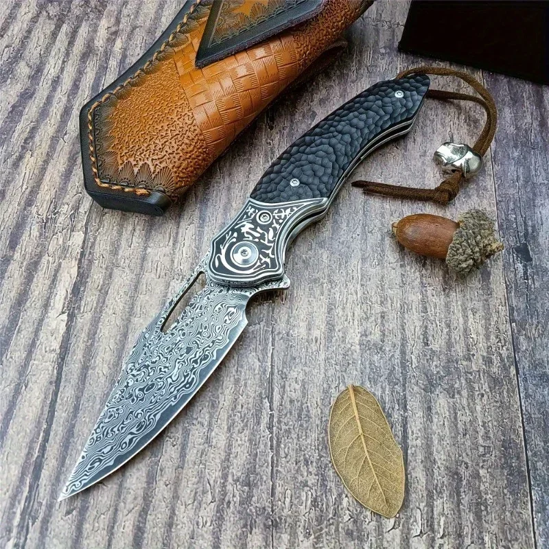 

Damascus Steel Blade Folding Knife Ebony Handle Outdoor Camping Tactical Multi-tool High Hardness Tool Gitfs with Leather Sheath