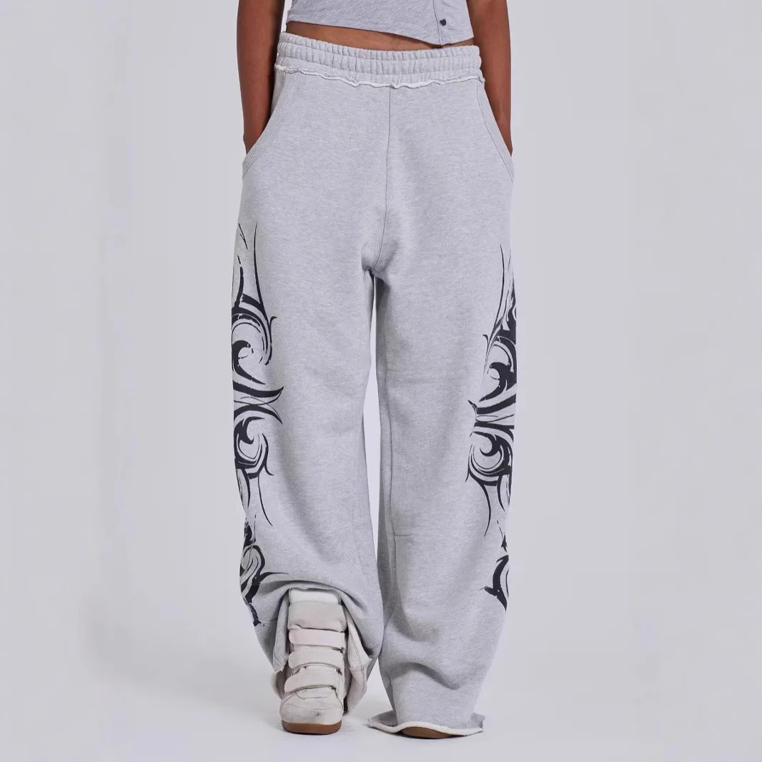 

American Retro Print Wide Leg Casual Pants Couple Hooded Loose Streetwear Hip Hop Sle Faion Set for Women Spring 2025