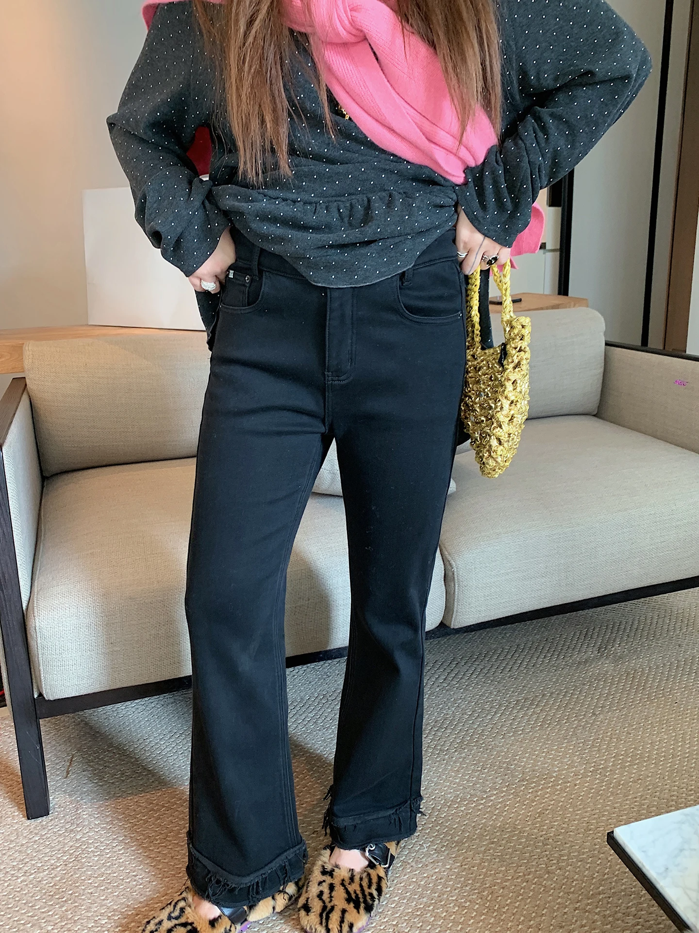 

High Waist Fce Lined Flared Jeans Women's Bla Bootcut Denim Pants plus Size Slimming Casual Sle Winter Collection