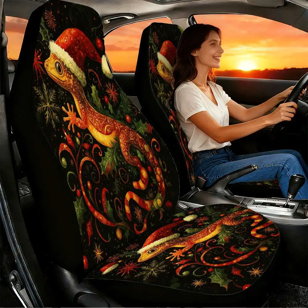 2pcs Festive Christmas Gecko Car Seat Covers Suitable For Front Seats, High Back Design, Material, Suitable For Cars, SUVs And T