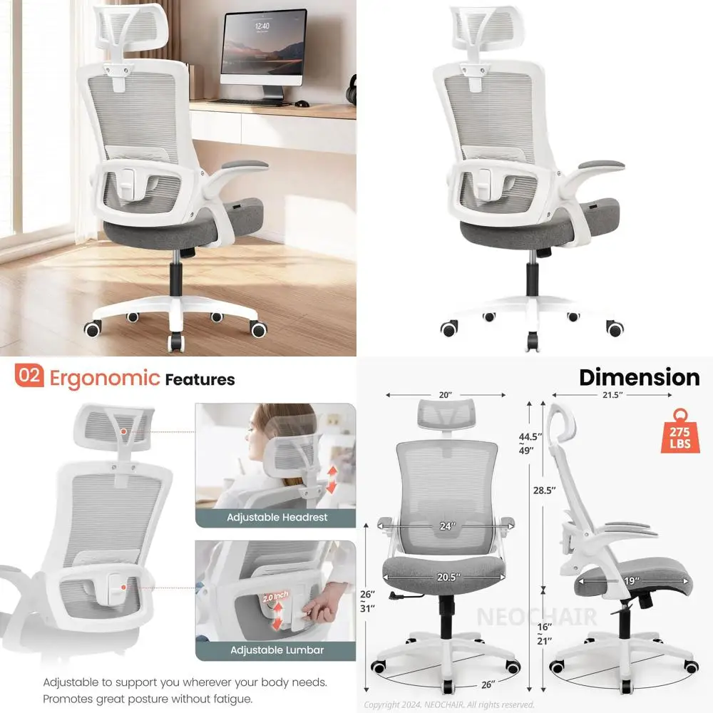 

Ergonomic High-Back Mesh Office Chair with Adjustable Armrests, Lumbar Support and Flip-Up Armrests for Comfortable Home Use (Gr