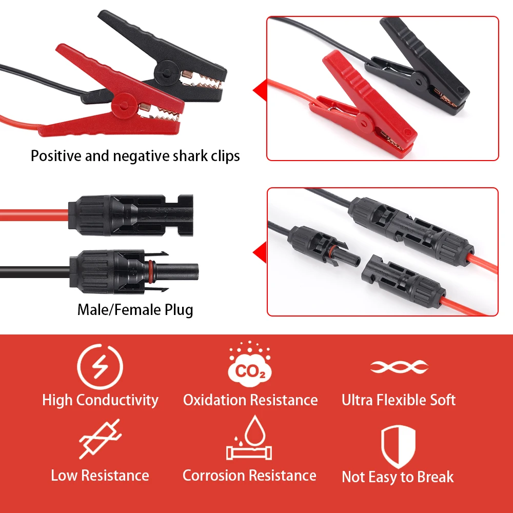 12AWG Crocodile clamp solar connector Silicone tinned copper extension cable suitable for cars motorhomes trucks 1.5M