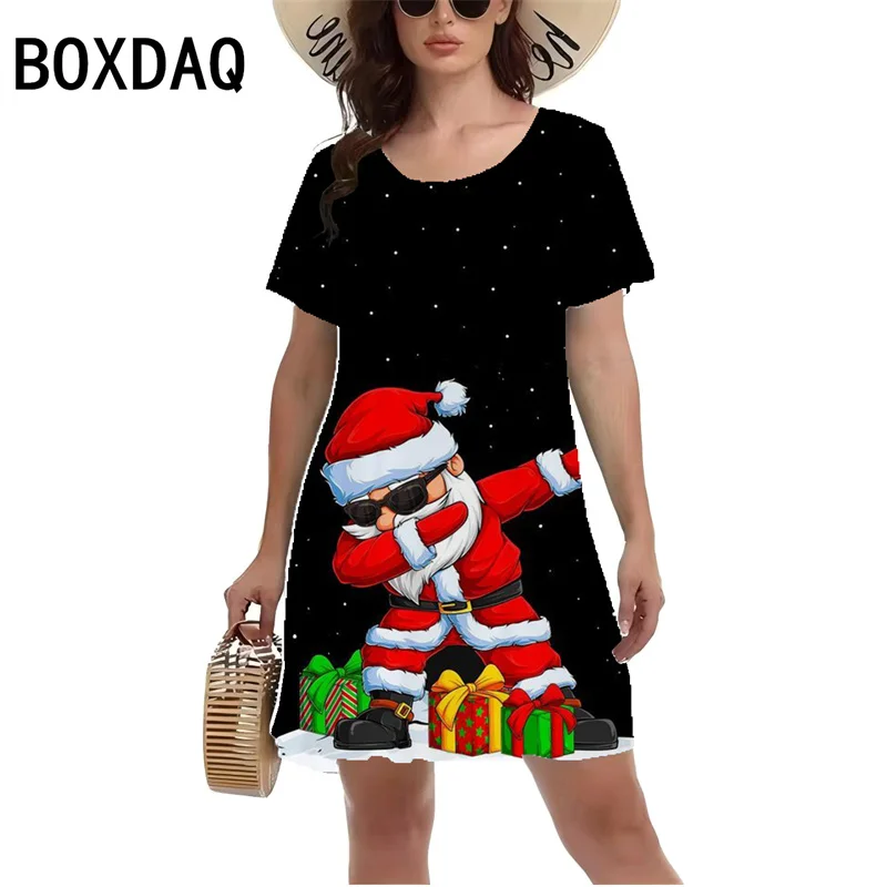 

3D Christmas Style Printed Dress Women Short Sleeve Casual A-Line Dress Fun Santa Claus Print Mini Dress Big Size 3XL Vestidos