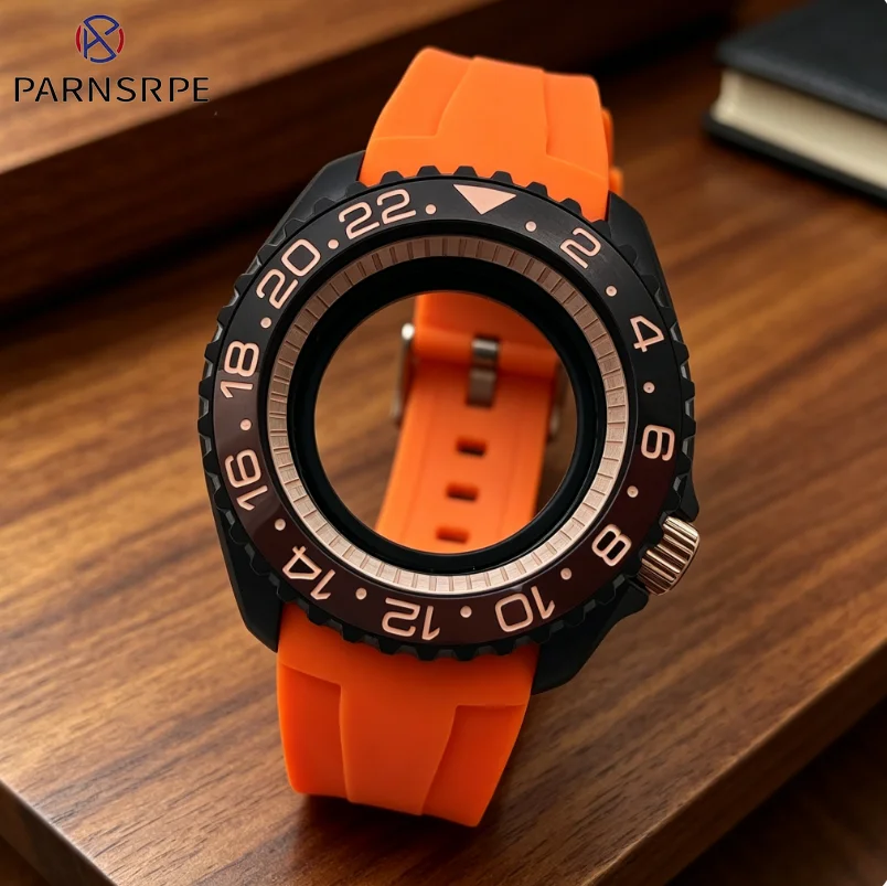 Orange watch with a 42mm diameter black matte stainless steel case, water-resistant, suitable for NH35/36 movement