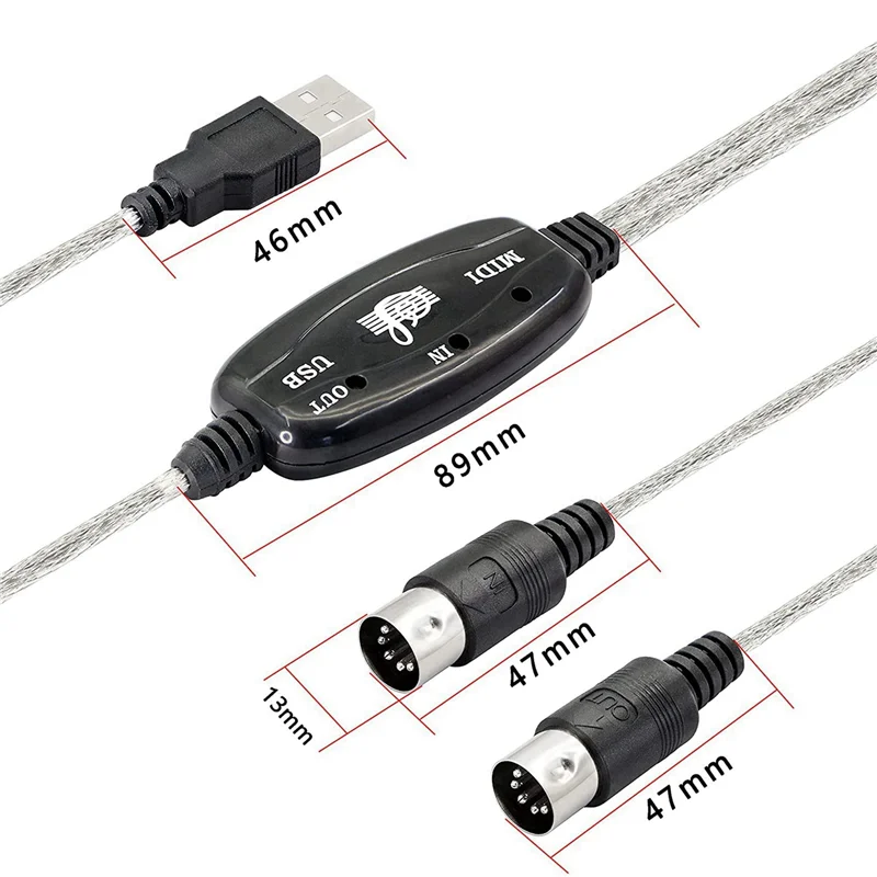 2X USB MIDI مهائي كابلات، USB نوع A ذكر إلى MIDI Din 5 Pin In-out Cable Interface مع مؤشر LED للوحة مفاتيح الموسيقى-PZW