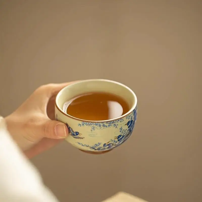 Song Dynasty Style Ru Kiln Ceramic Tea Cup Magpie Plum Blossom Design Zen Gongfu Teaware Premium Handmade for Tea Lovers Gift