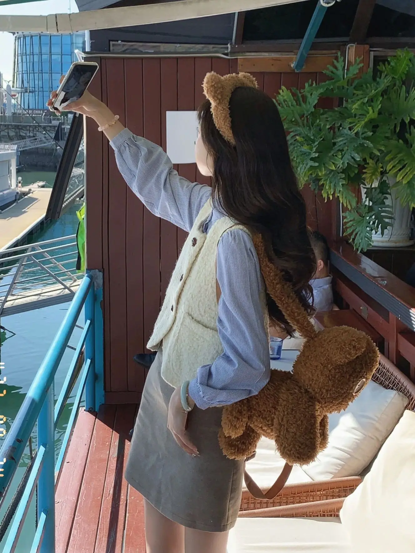 Korean Drama Inspired Women's Spring Autumn Lamb Fur Cardigan Vest Striped Shirt Two Piece Set Long Sleeve Button up Top
