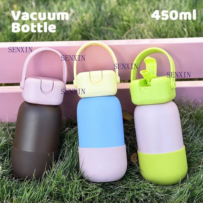 

450ml Stainless Steel Sports Water Bottle Portable with A Suction Nozzle Contrast Color Water Cup Outdoor Cup Thermos Cup