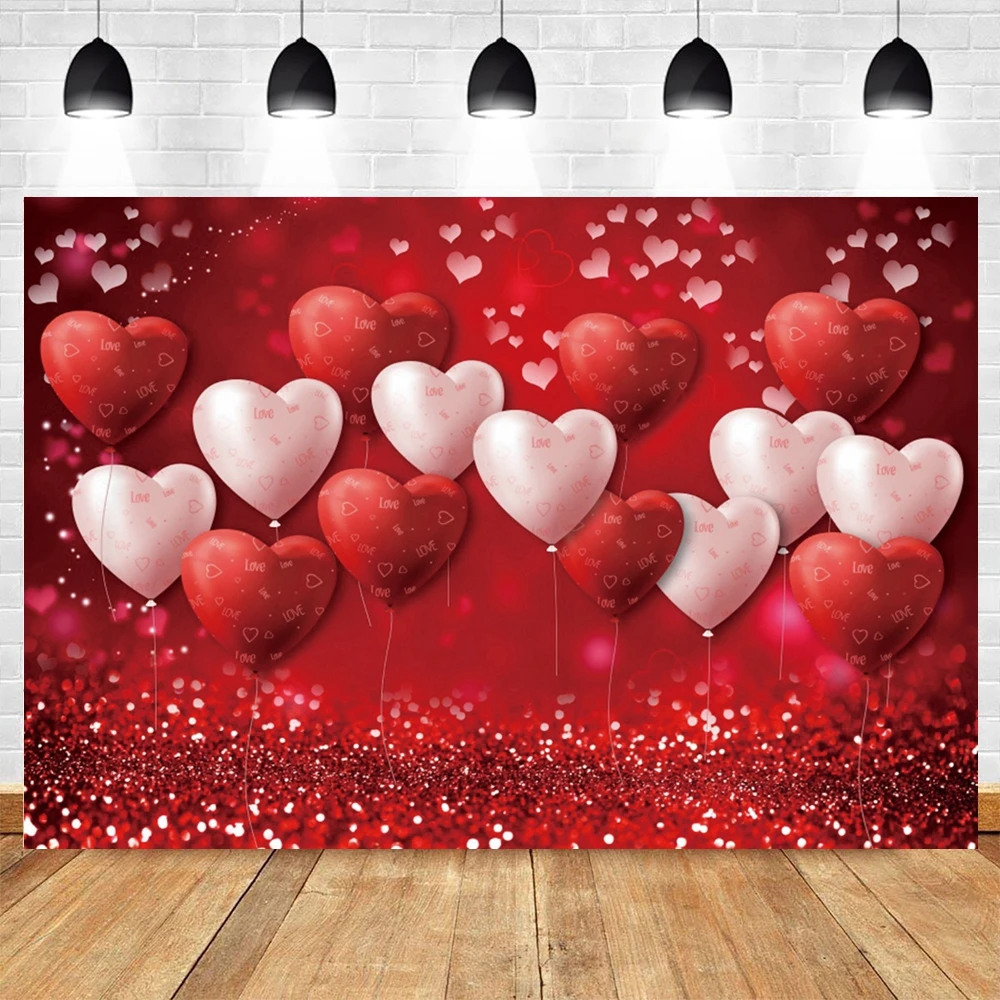 Valentine\'s Day Backdrop for Photography February 14 Red Love Heart Balloon Wooden Board Flowers Wedding Party Photo Background