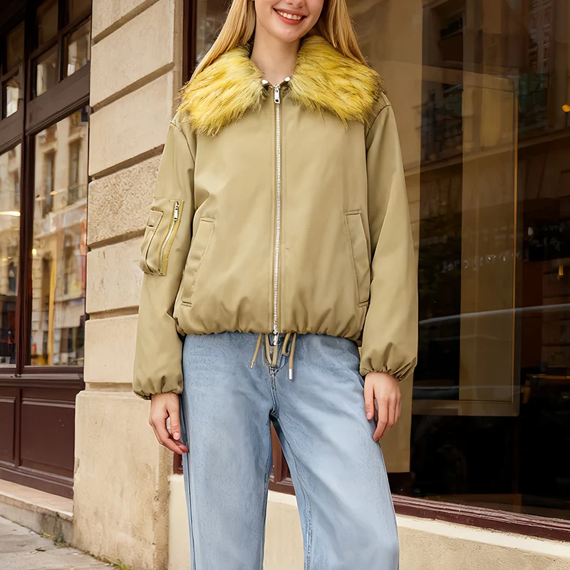 Womens Cotton Padded Jacket With Detachable Fur Collar Zip Up Cotton Jacket Stylish And Versatile Winter Essential Trafizaran