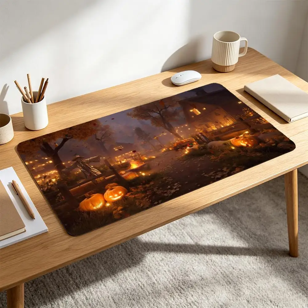 Spooky Halloween Farm Desk Pad Rubber Mousepad Jack-O-Lantern Pumpkin Scarecrow Autumn Barn Night Landscape Large Desk Mat