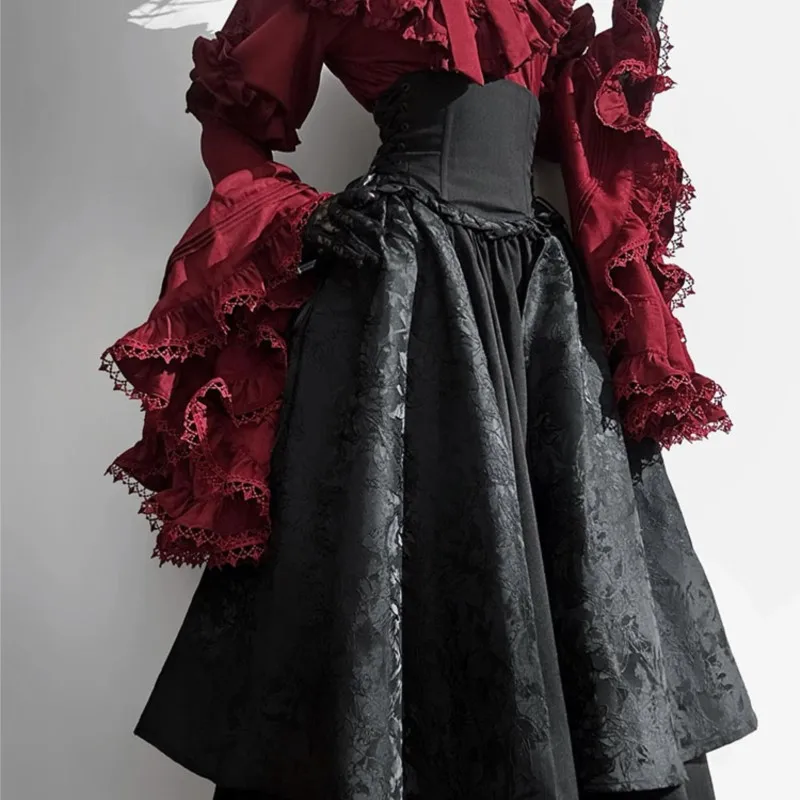 Vestido de Halloween preto e vermelho estilo gótico manga longa