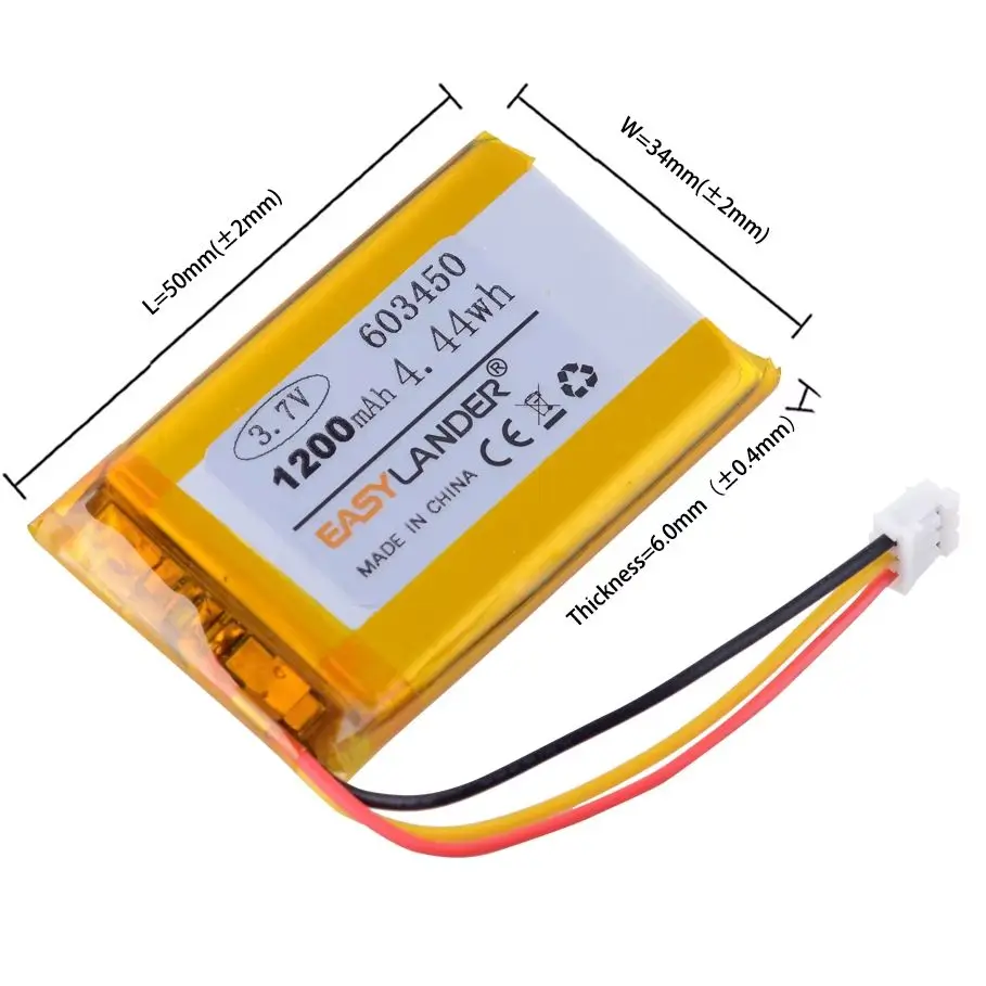 JST2.0mm 3pin 3.7V 1200mAh 603450 Rechargeable Lithium Li-ion Polymer Battery 063450 Batteries
